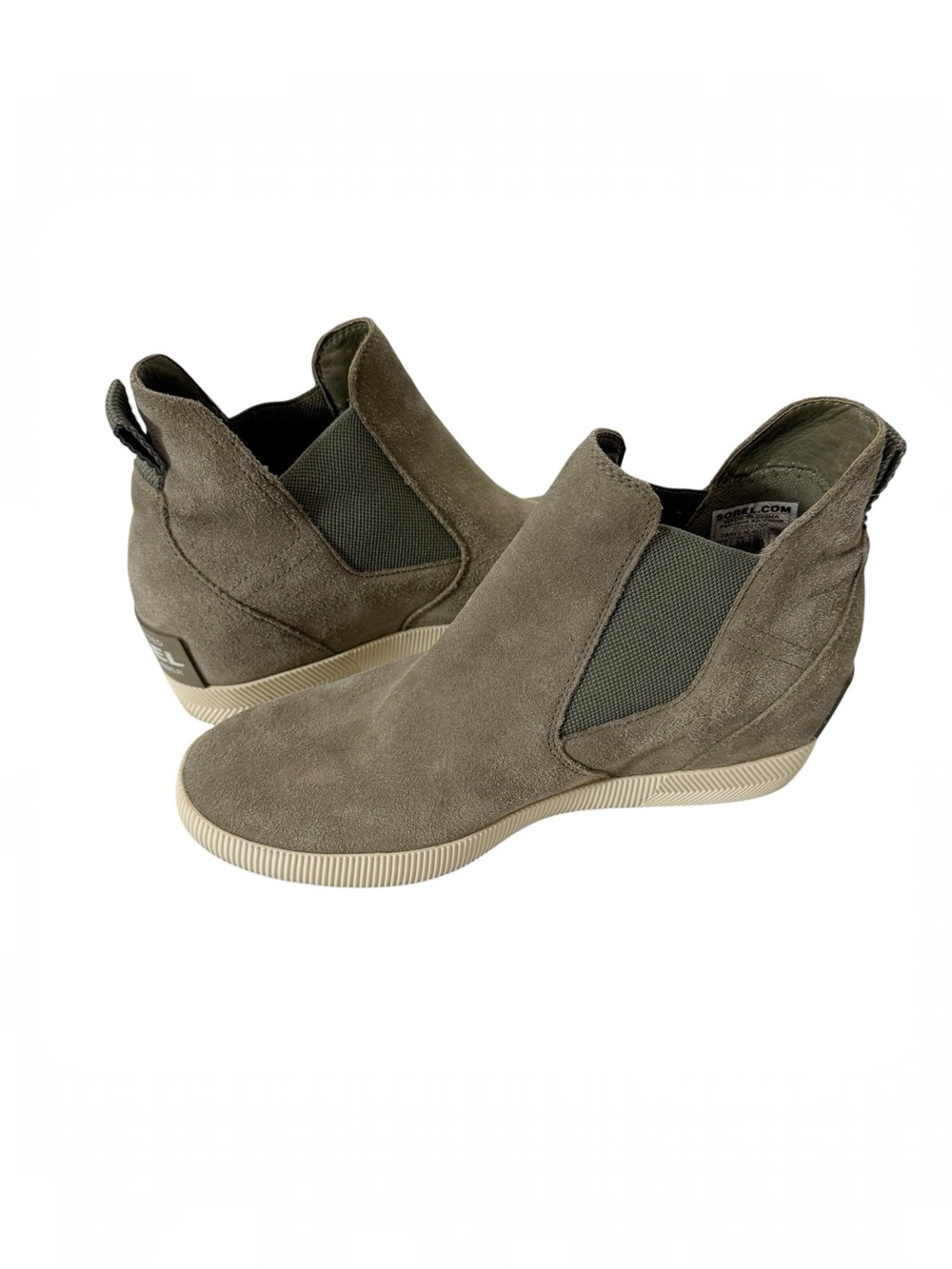Sorel Women's Out 'N About Suede Stone Green Slip-On Wedge Booties Size 8.5‎